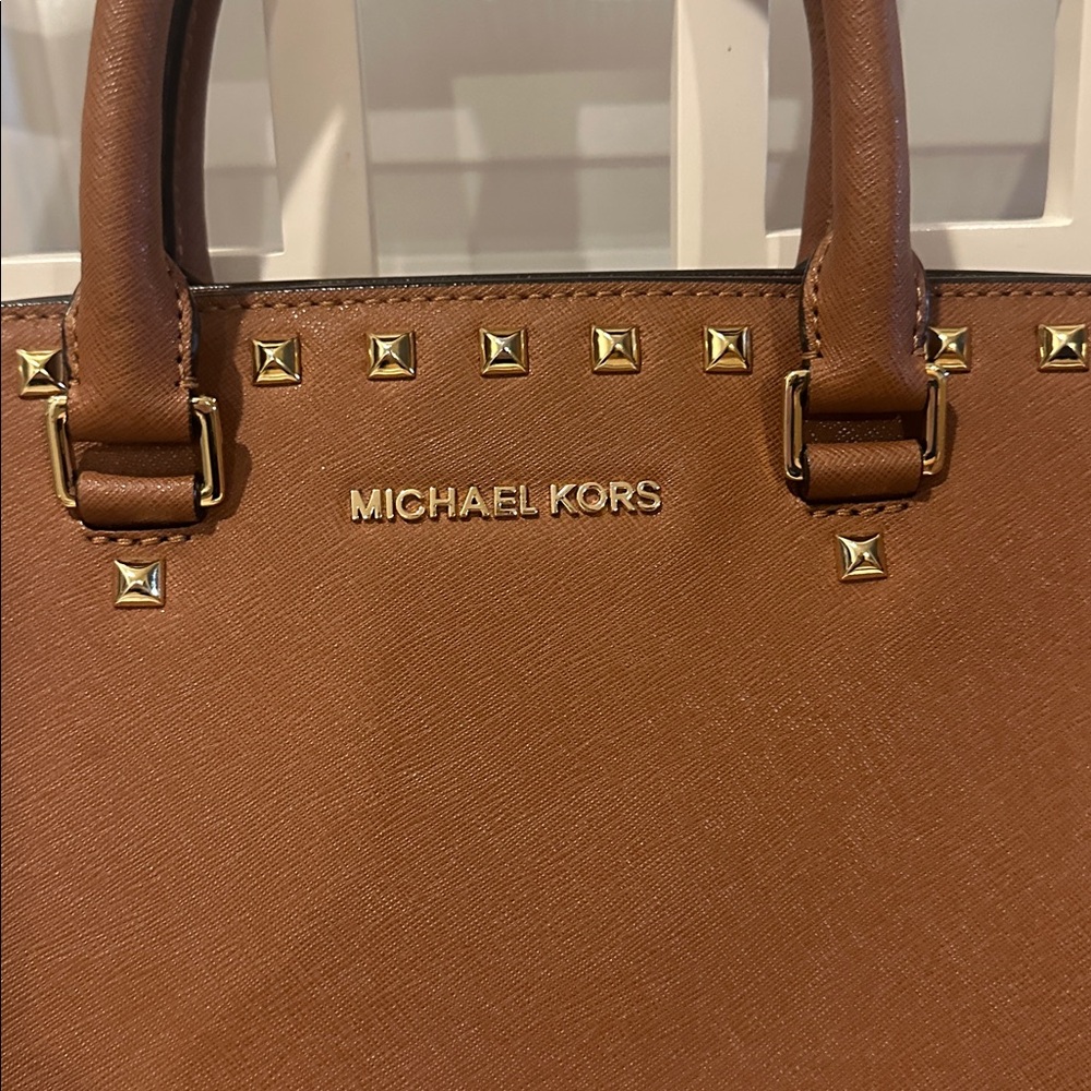 Michael Kors Brown Leather Studded Satchel - Picture 2 of 8